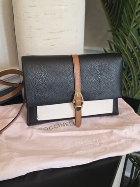 Coccinelle Black & White Crossbody Bag with Tan Strap
